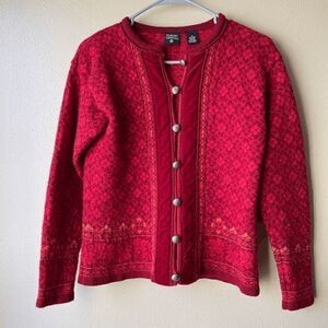 Nordic Design Red and Orange Diamond Pattern Wool Cardigan Size Small